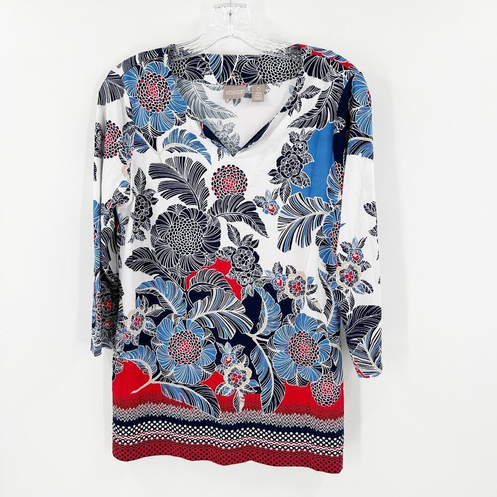 Chico's White Floral 3/4 Sleeve Marigold Cutouts Split-Neck Tunic Top Size Small - Picture 1 of 14